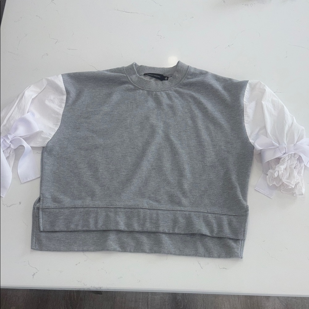 Alpha & Omega Sweatshirt – Grey Body, White Poplin Sleeves – Size XS